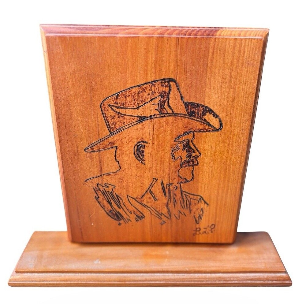 Vintage Handmade Pyrography Wood Burned Cowboy Portrait Tabletop Plaque Sign 15”